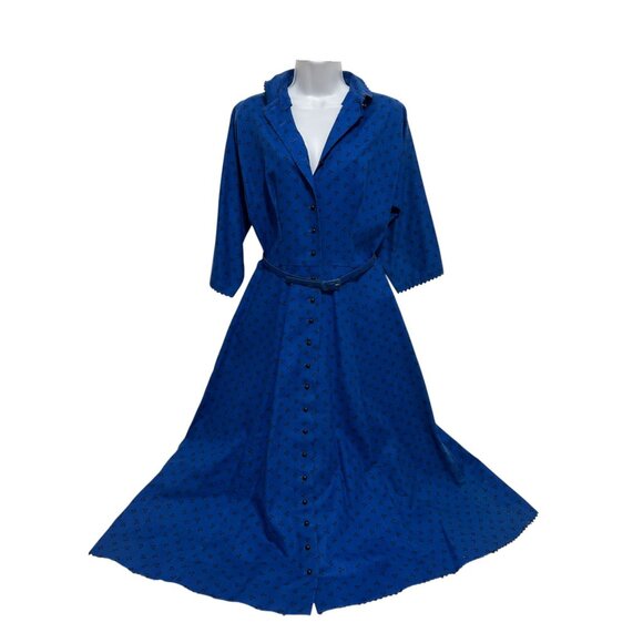 Vintage Lanz Blue Ditsy Floral Button-Down Dress S Scalloped Mary Poppins Style - Picture 4 of 16